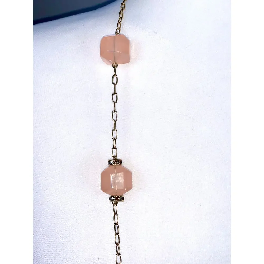 Vintage J. Crew Gold Tone Cube Faux Rose Quartz Crystal Chunky Necklace